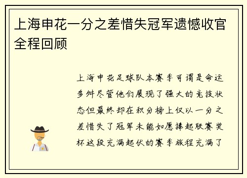 上海申花一分之差惜失冠军遗憾收官全程回顾 上海申花一分之差惜失冠军遗憾收官全程回顾