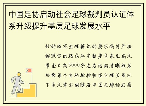 中国足协启动社会足球裁判员认证体系升级提升基层足球发展水平 中国足协启动社会足球裁判员认证体系升级提升基层足球发展水平